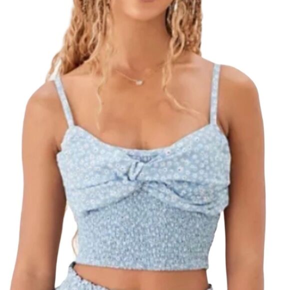 AE Blue DItsy Floral Smocked Twist Front Crop Top - Picture 2 of 7